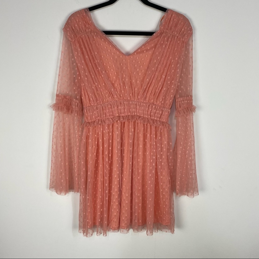 Loveriche Pink Polka Dot Texture Open Back Mini Dress Long Sleeve